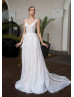 V Neck Ivory Lace Feather Luxury Wedding Dress